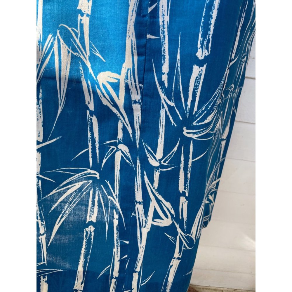 Vintage 1970s Bamboo Print Blue House Dress Eyelet Lace XL - Picture 8 of 14
